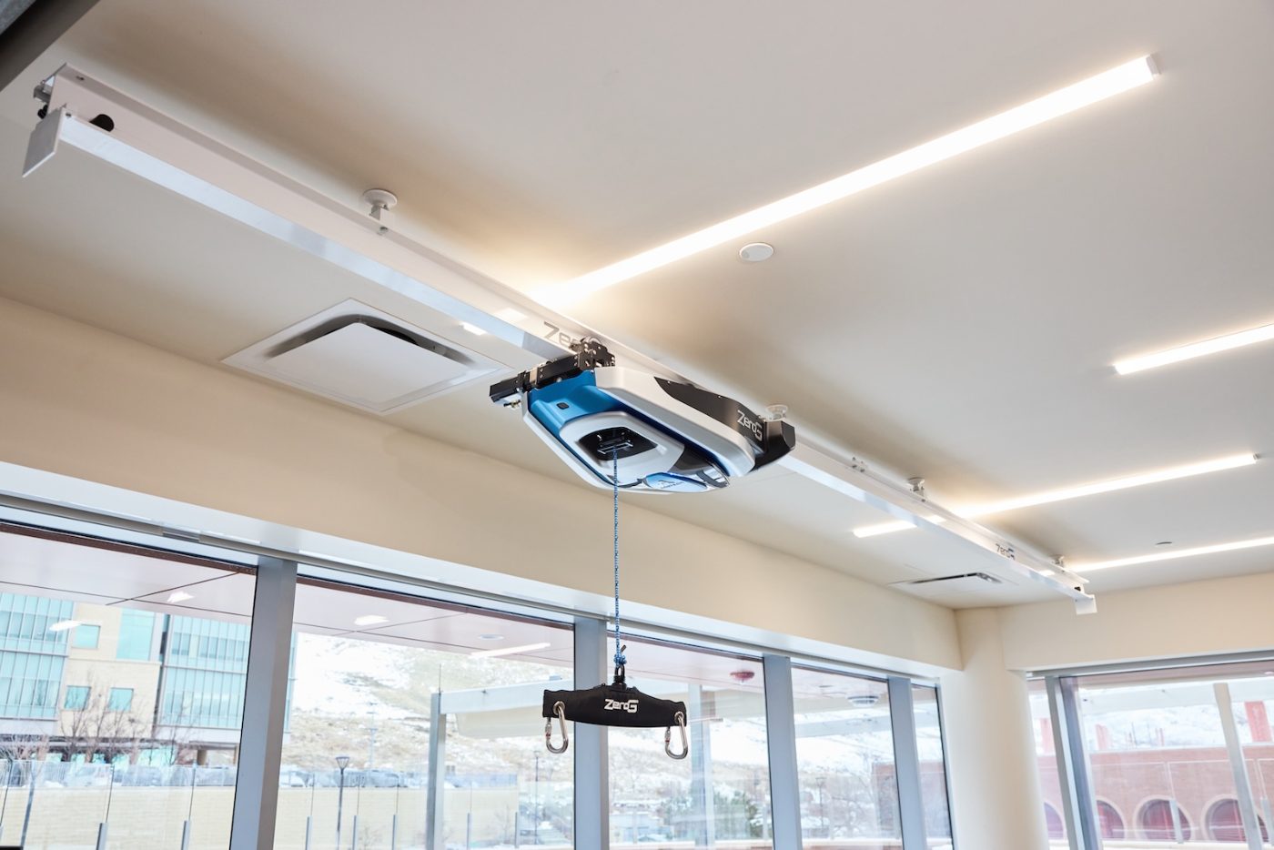 The ZeroG Version 3 trolley and harness on its overhead track