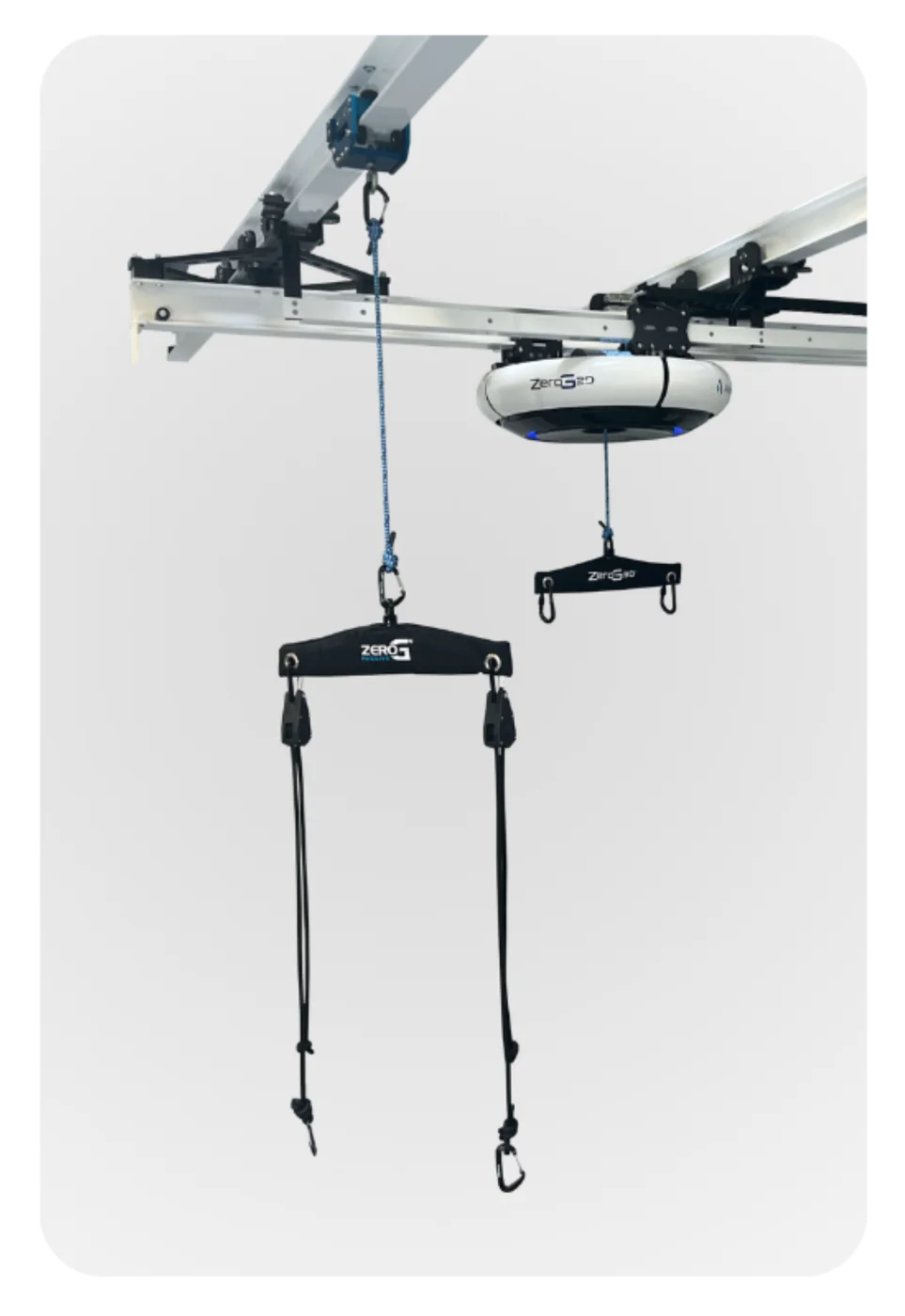 ZeroG 3D Passive Trolley — a static fall-protection trolley mounted on the overhead track beside the robot
