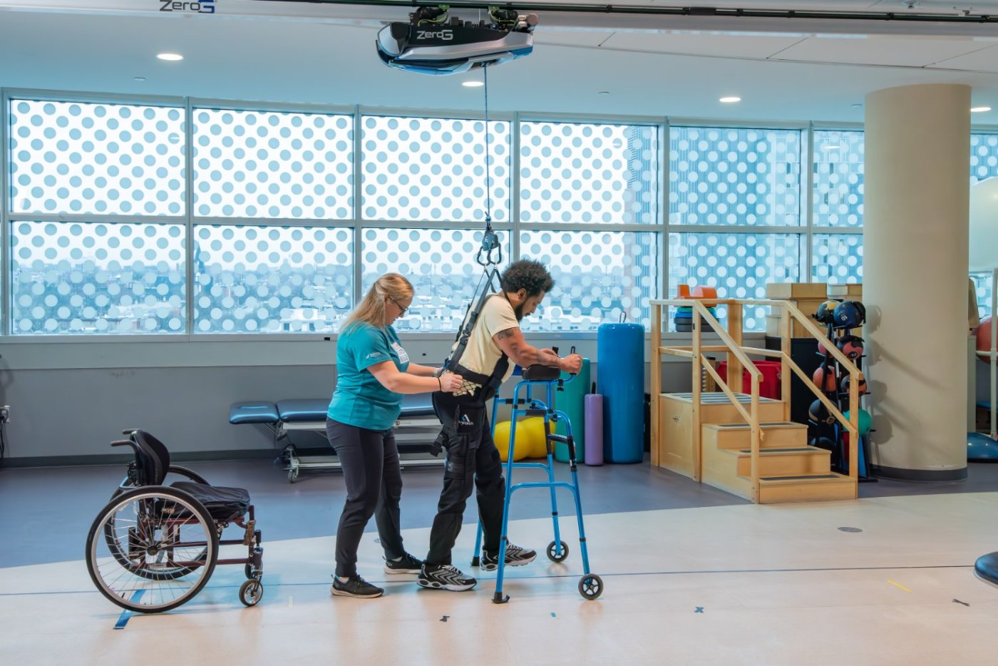 Patient gait training with a walker under ZeroG