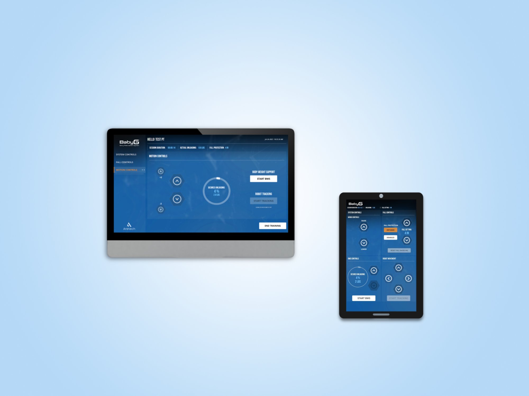 The BabyG touchscreen computer and wireless tablet interfaces showing motion and body-weight support controls