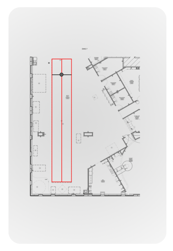 Floor plan showing an extended ZeroG 3D workspace track running the length of the room